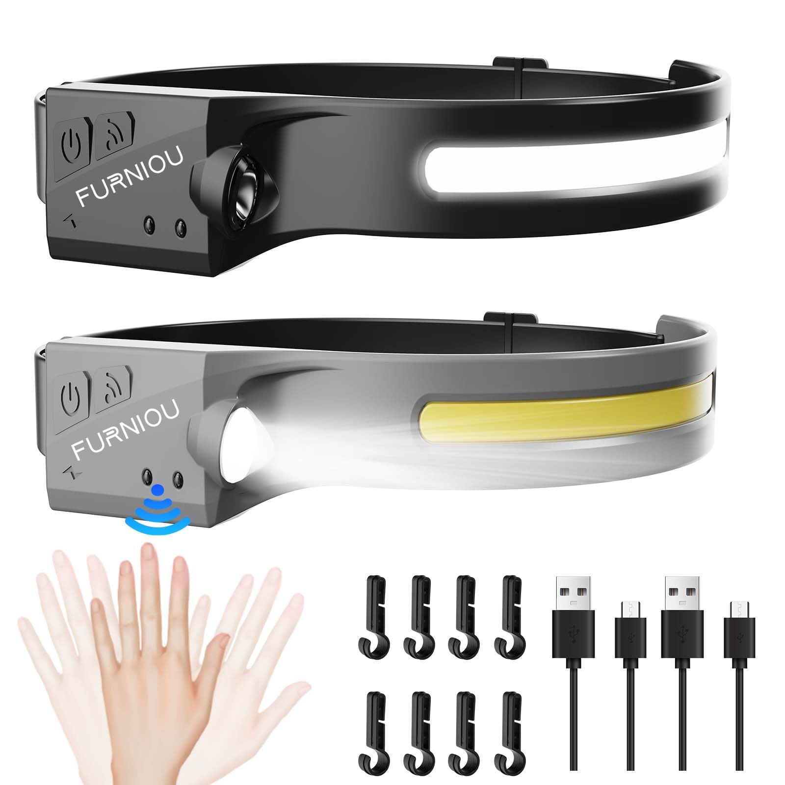 Furniou LED Headlamp Rechargeable Headlight for Adults 2Pack Head Lamp with Motion Sensor, Head Lights for Forehead, Adjustable