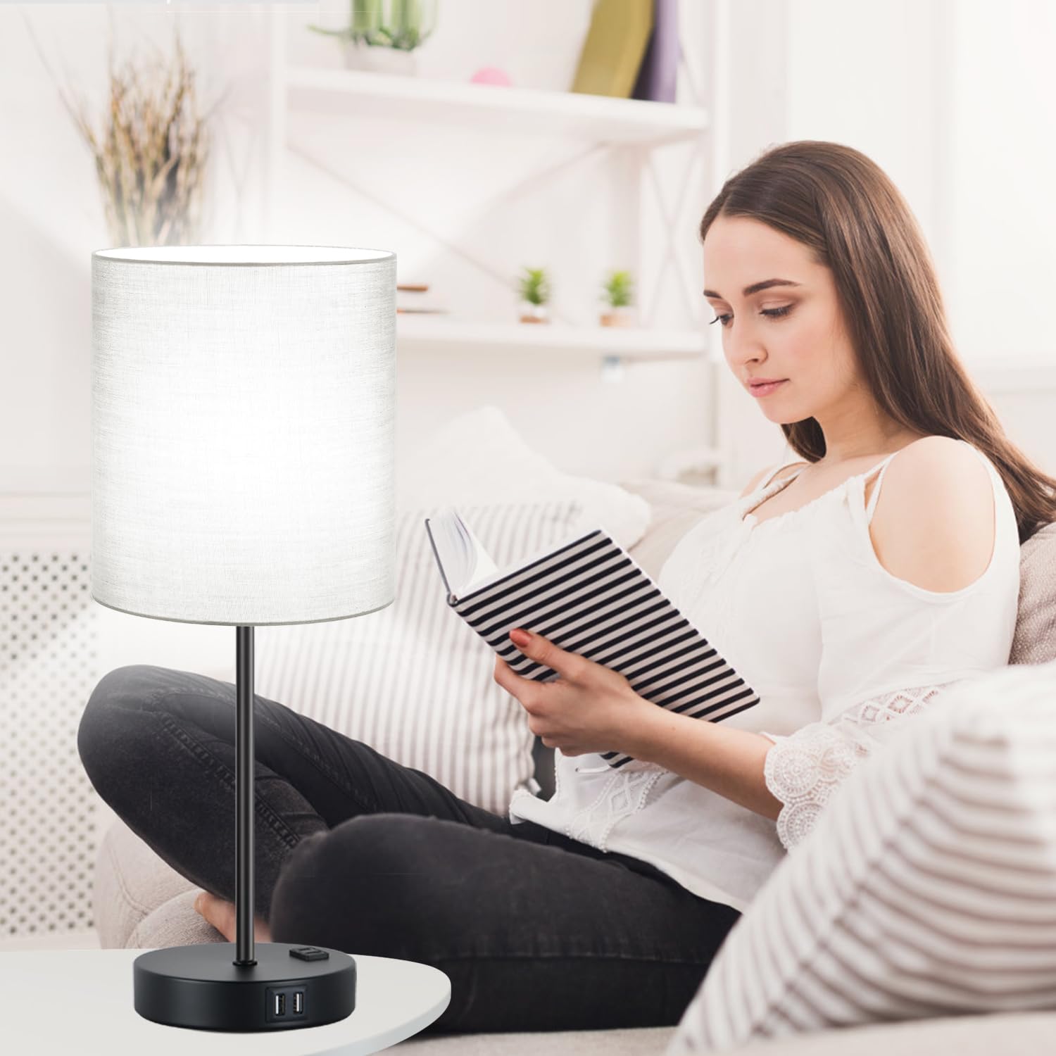 Lynnoland Touch Control Table Lamps Set of 2 with USB & AC Outlet, 3-Way Dimmable, Gray & Matte Black, Model T3476