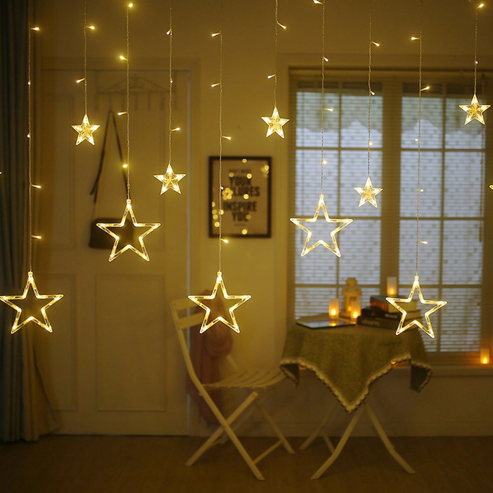 Twinkle Star 12 Stars 138 LED Curtain String Lights, Window Curtain Lights with 8 Flashing Modes Ramadan Decoration Christmas, W