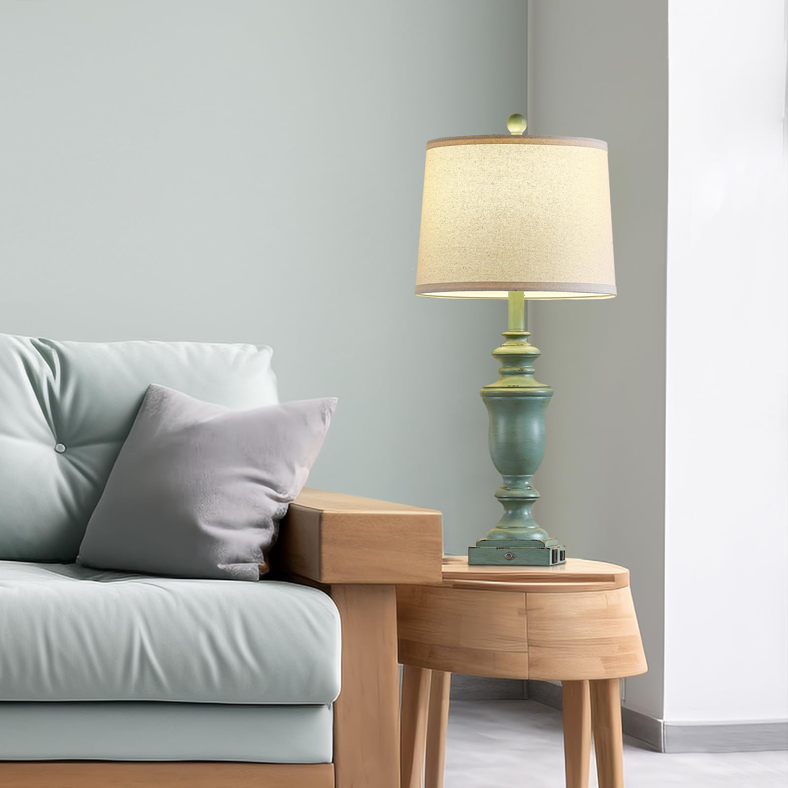 SAIWEYA 27.5" Farmhouse Table Lamps Set of 2, 3-Way Dimmable, Resin, Antique Green with USB & AC Outlet for Bedroom & Living Room