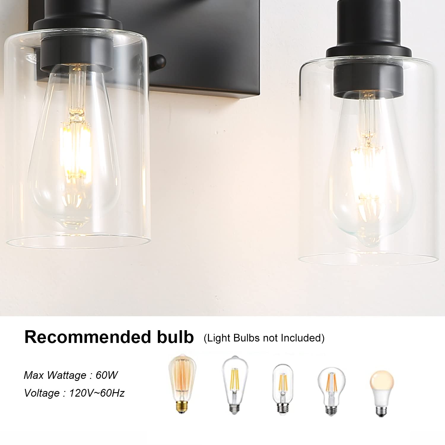 Filimitiy Bathroom Vanity Light Fixtures, 2-Light Matte Black Bathroom Lights, Wall Sconces With Clear Glass Shade For Hallway F