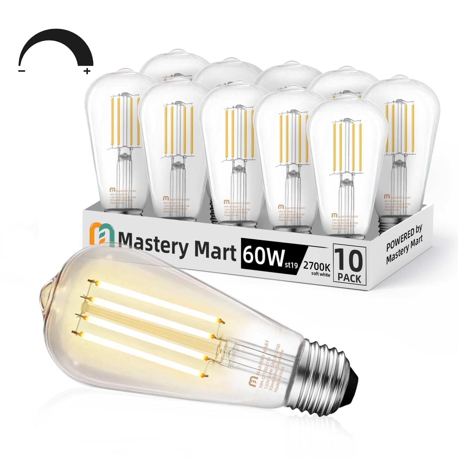 MASTERY MART 10 Pack Vintage Edison Bulbs, E26 Led Bulb 5.5W Equivalent to 60W, Dimmable, 2700K Soft White, High Brightness Anti