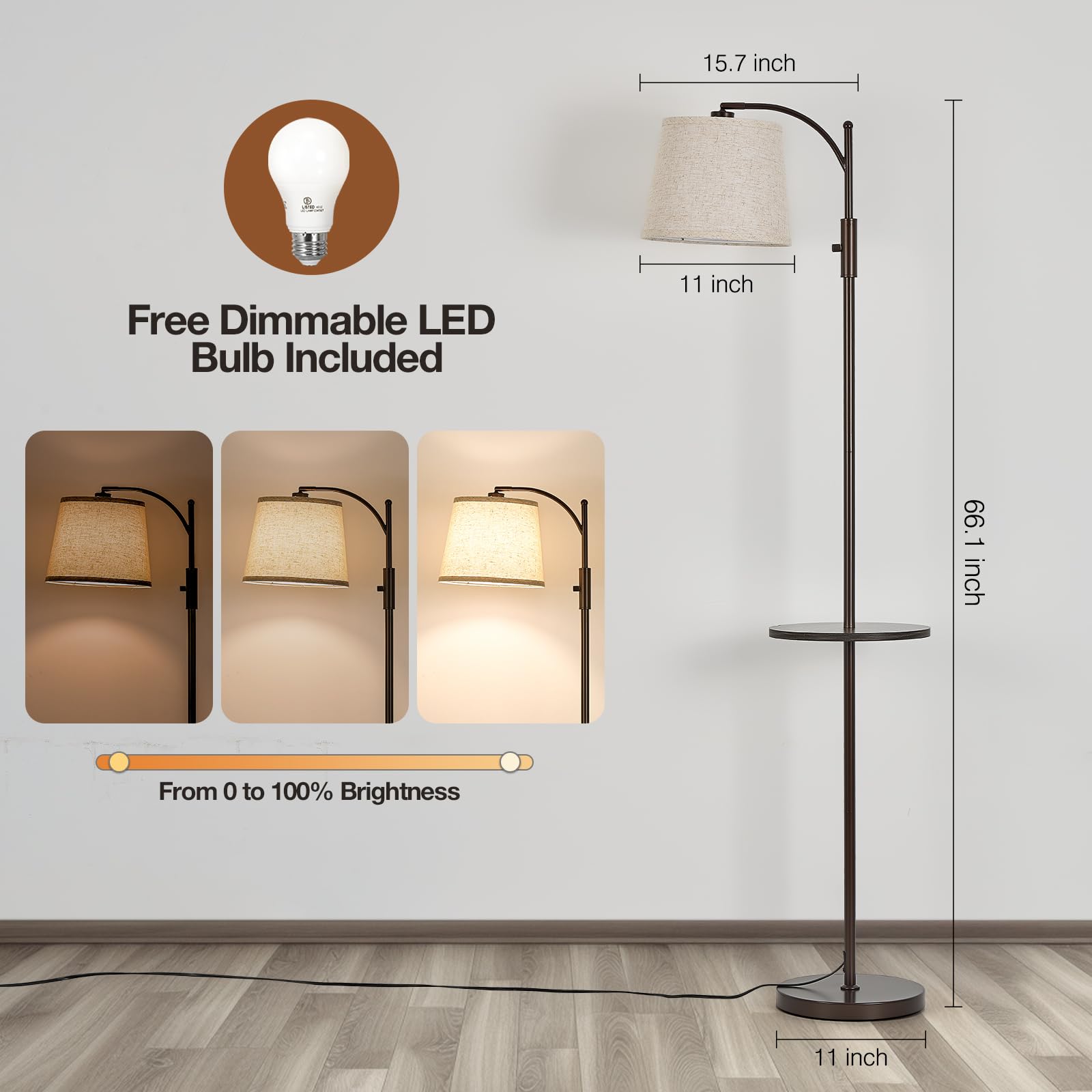 AIDENOEY Fully Dimmable Floor Lamp - Brown Standing Lamp with Rotary Switch & Linen Beige Shade, Model HYZC 0202, Includes 9W LED Bulb