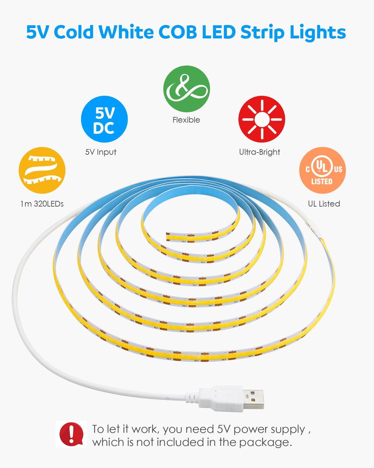 Aclorol Usb Led Light Strip Cob Led Strip Lights 5V Daylight Cold White 6000K 3.28Ft 320Leds Flexible Tv Led Lights Usb Powered