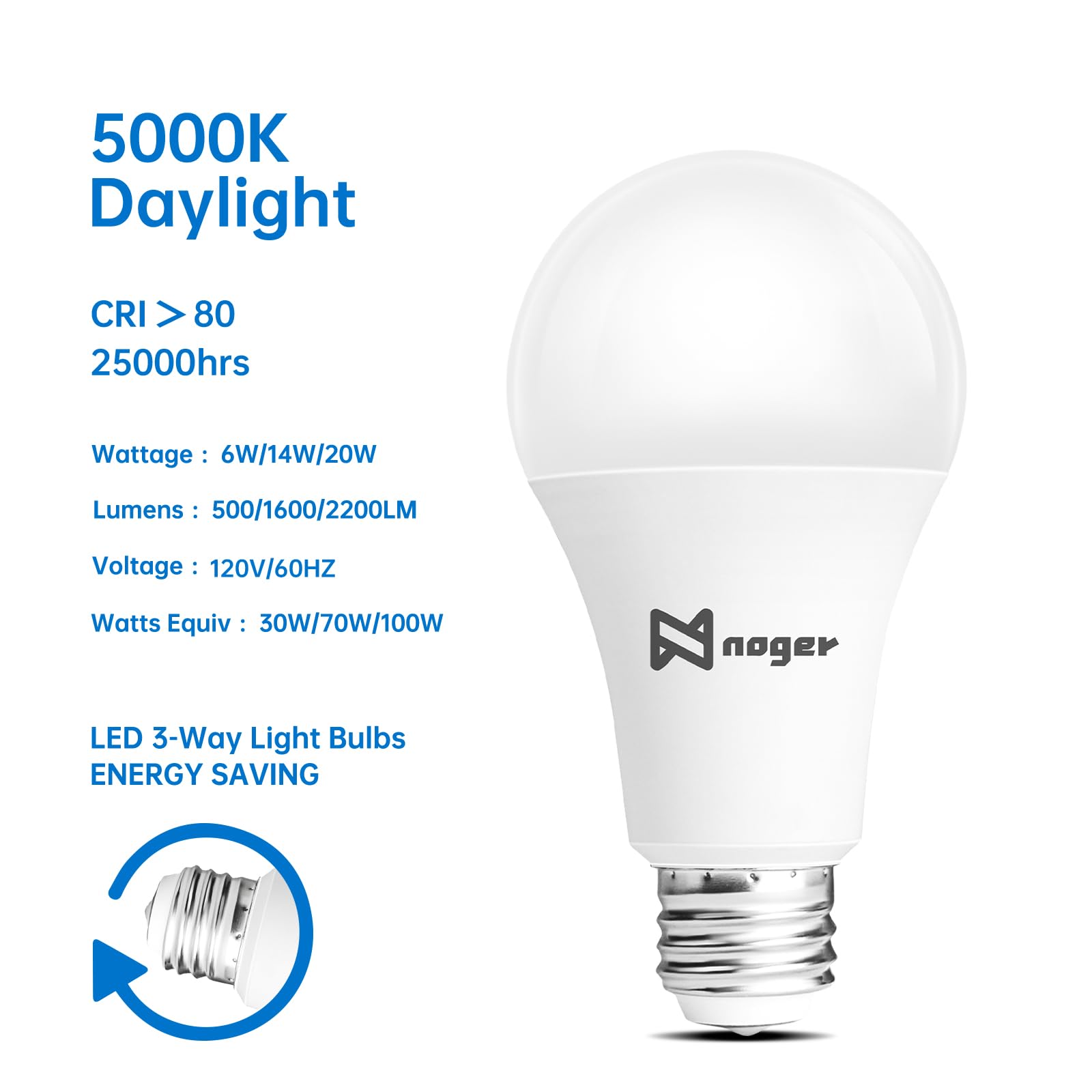 Noger 3-Way Led Light Bulbs A21 4 Pack, 3 Way Light Bulbs 50 100 150W Equivalent, 5000K Daylight, 3 Way E26 Light Bulbs For Read