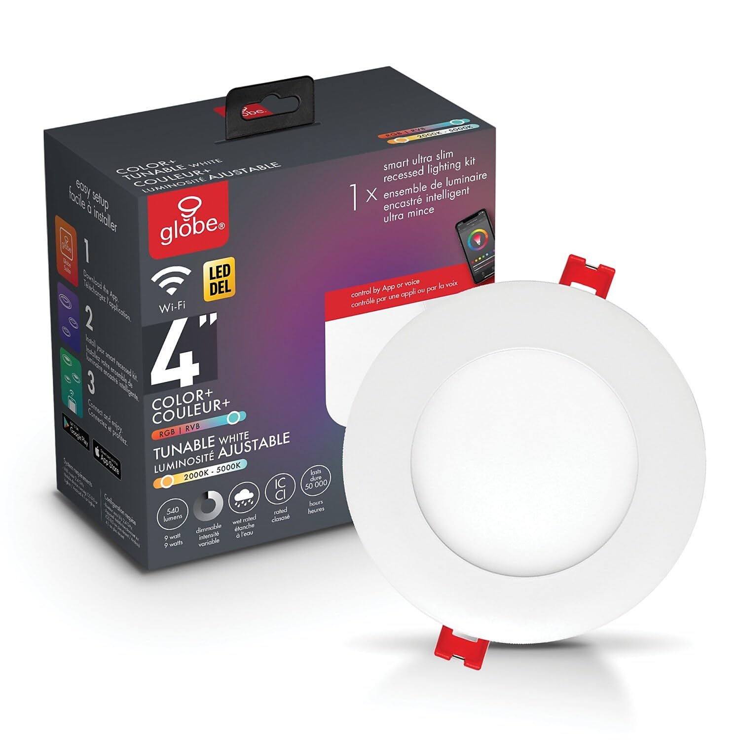 GLOBE Electric Collection Wi-Fi Smart 4 Ultra Slim Multicolor Changing RGB Tunable White Recessed Lighting Kit, No Hub Required,