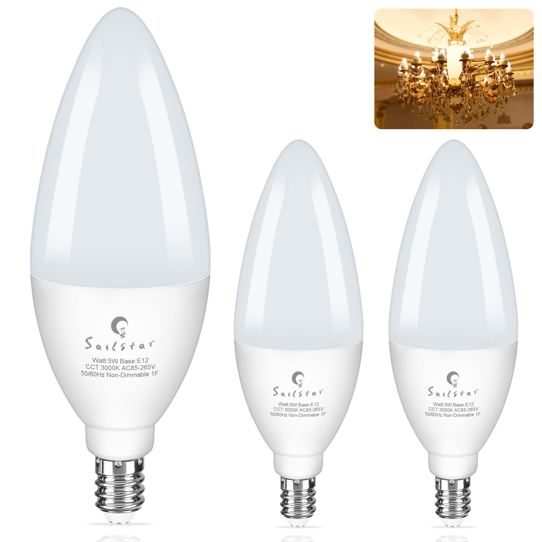 Sailstar E12 Candelabra Led Light Bulbs, 60 Watt Equivalent, 500Lm Ceiling Fan Light Bulbs Warm White 3000K, B11 Type B Led Bulb