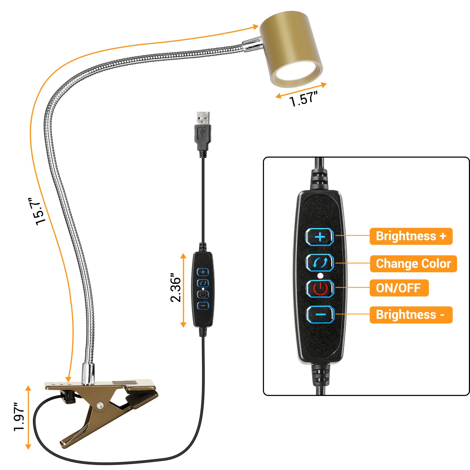 Best World LED Reading Light, 3 Modes, 10 Brightness Levels, Clip-On, Gooseneck, Aluminum, Gold, Model DA-3.5W-10