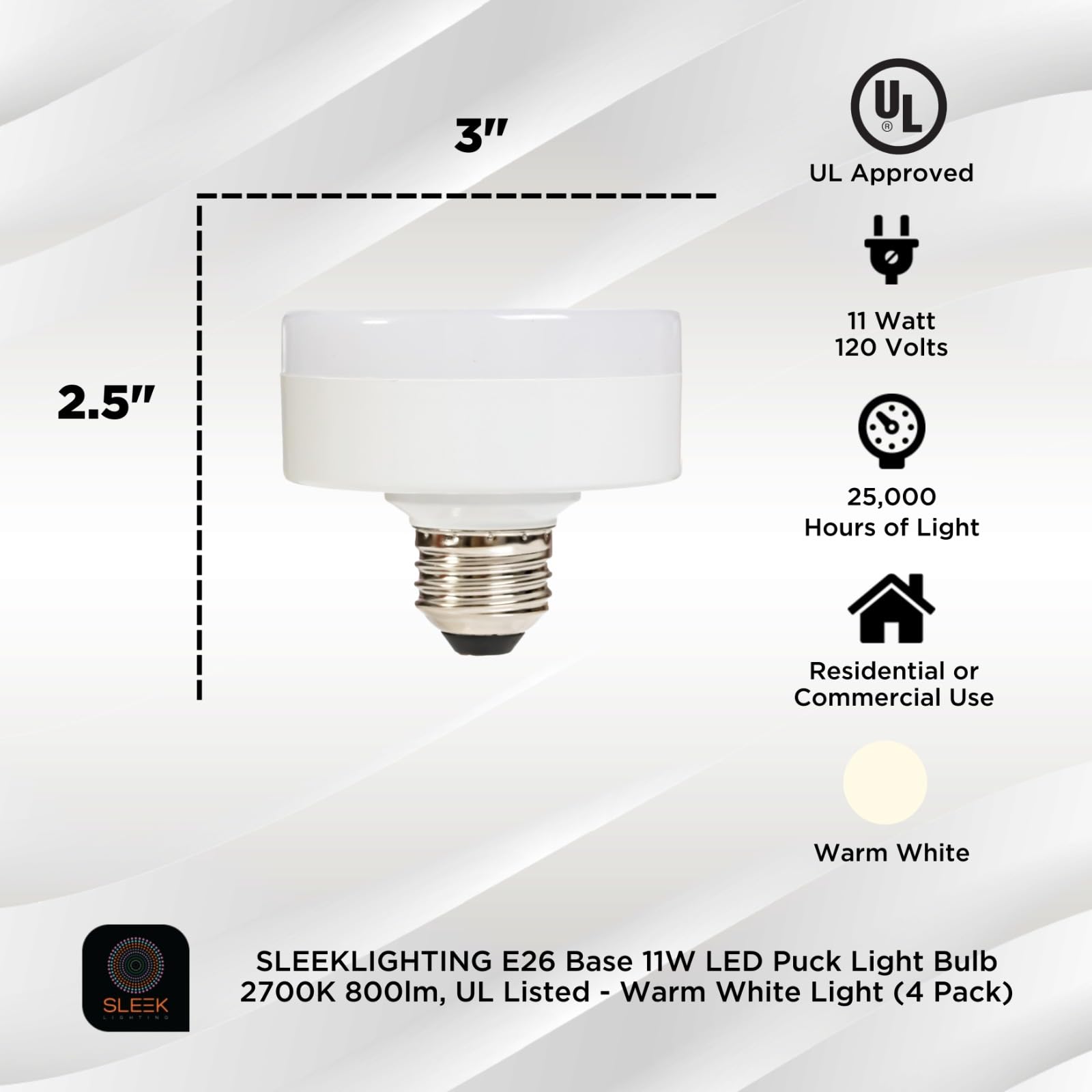 Sleeklighting Led Low Profile Flat Puck Light Bulb, E26, 11W, Dimmable, 2700K Warm White, 800Lm, Ul Listed - (4 Pack)