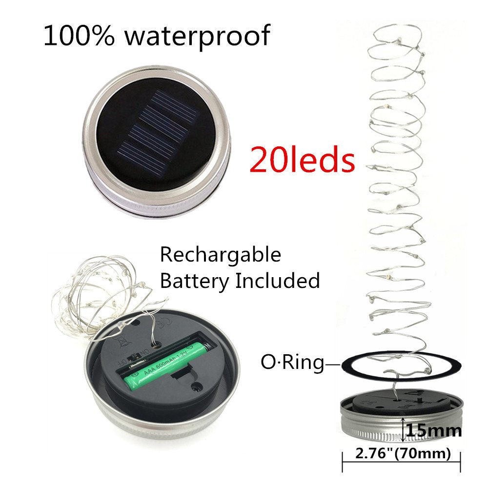CHBJDAN Solar-powered Mason Jar Lights - 6-Pack, 20 LEDs, Warm White, Waterproof, Includes Hangers, No Jars, Outdoor Patio Decor