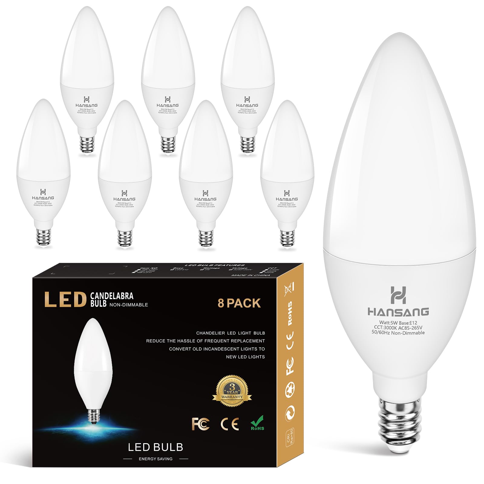 Hansang Candelabra Led Bulbs,60 Watt Equivalent,3000K Soft White,Type B Light Bulb,Pack Of 8,E12 Small Base,Decorative Chandelie
