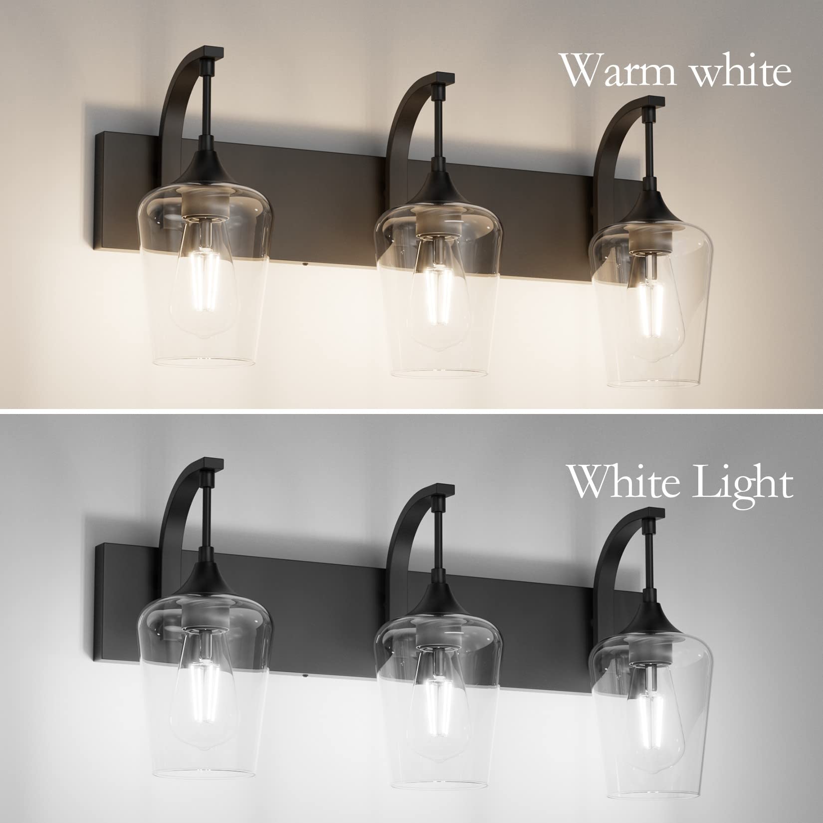 Ralbay Matte Black Vanity Light Fixtures 3-Lights Industrial Bathroom Lighting 24 Inch Clear Glass Model 1131rablay