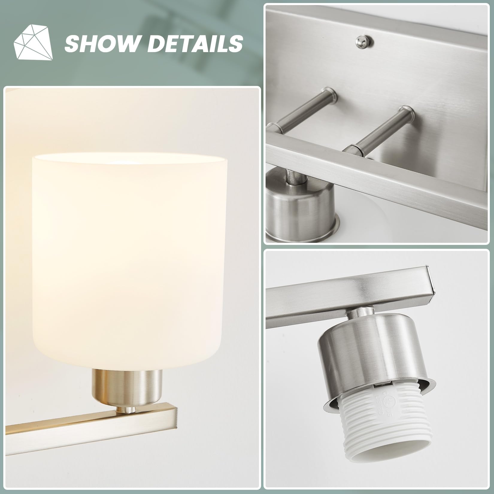 Rocunsi 3-Light Bathroom Vanity Light Fixtures Over Mirror, Brushed Nickel Vanity Wall Scones Lighting For Bedroom Living Room, Vanity Lights With Milky White Glass Shades, E26 Socket
