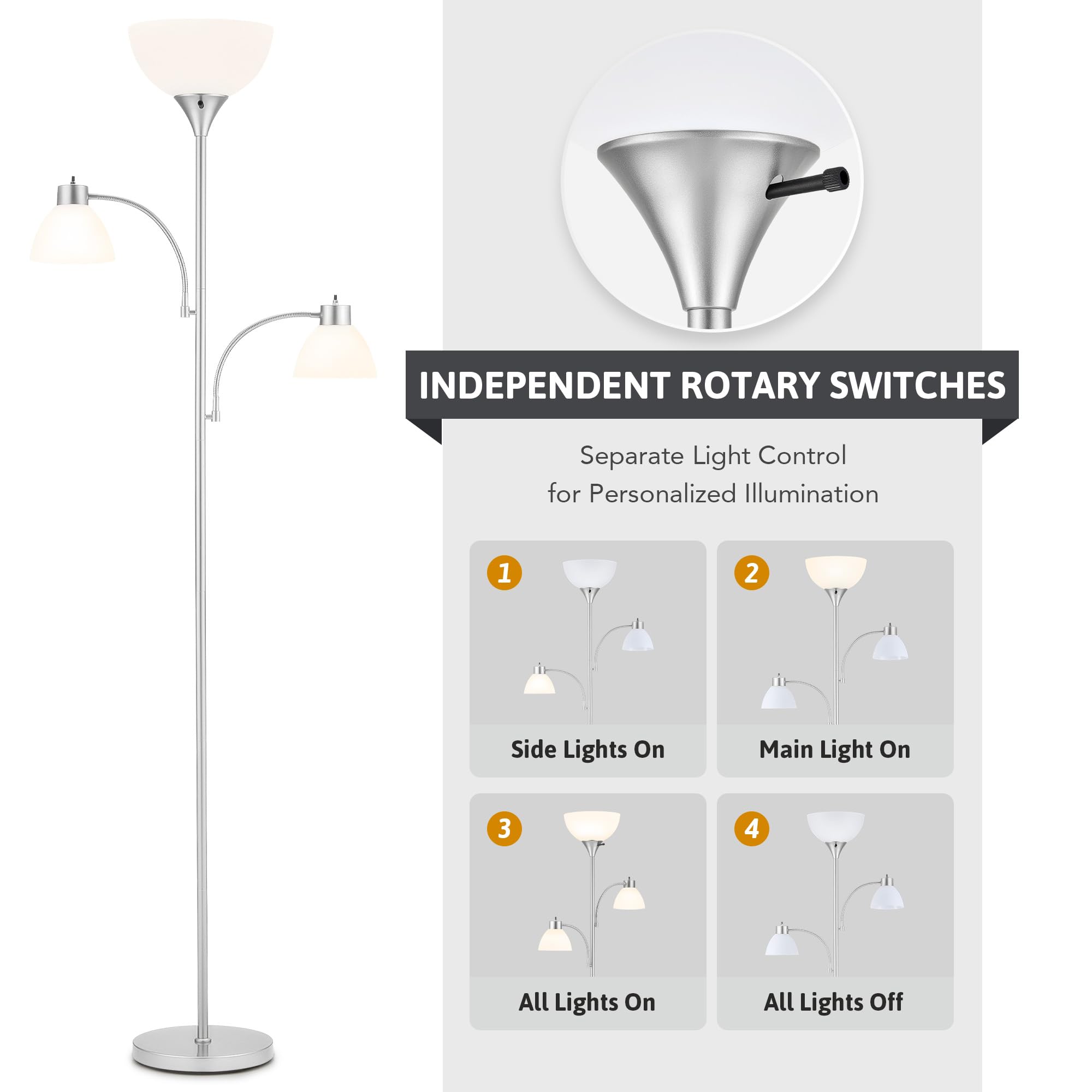 Vonluce 71'' Floor Lamp For Living Room With 3 Bulbs, Standing Lamp With Adjustable Reading Light, Modern Torchiere Floor Lamp W