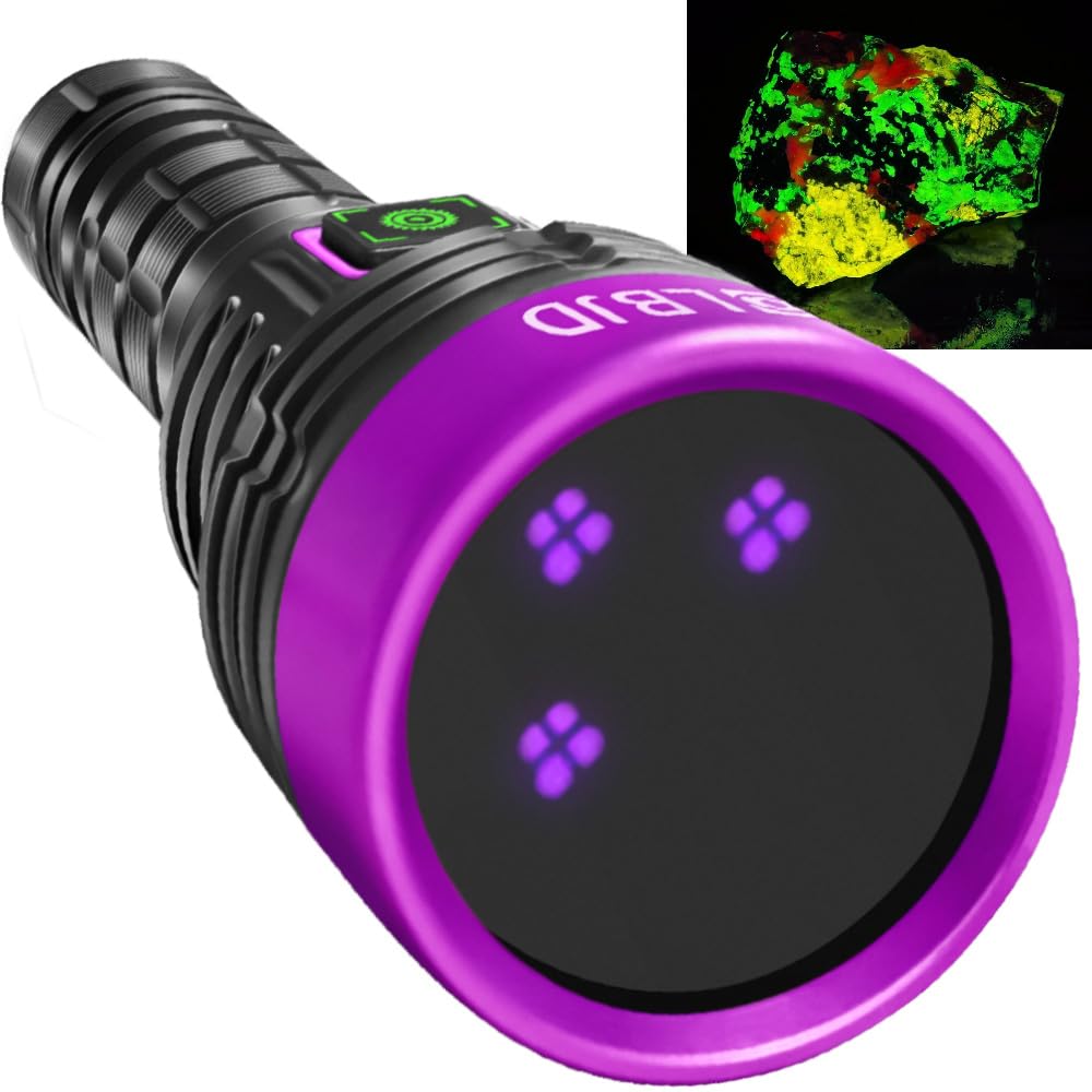 LBJD Blacklight UV Flashlight, Tri-Core 365nm Woods lamp, High Power Rechargeable Black Light with Filter - Detector for Pet Uri