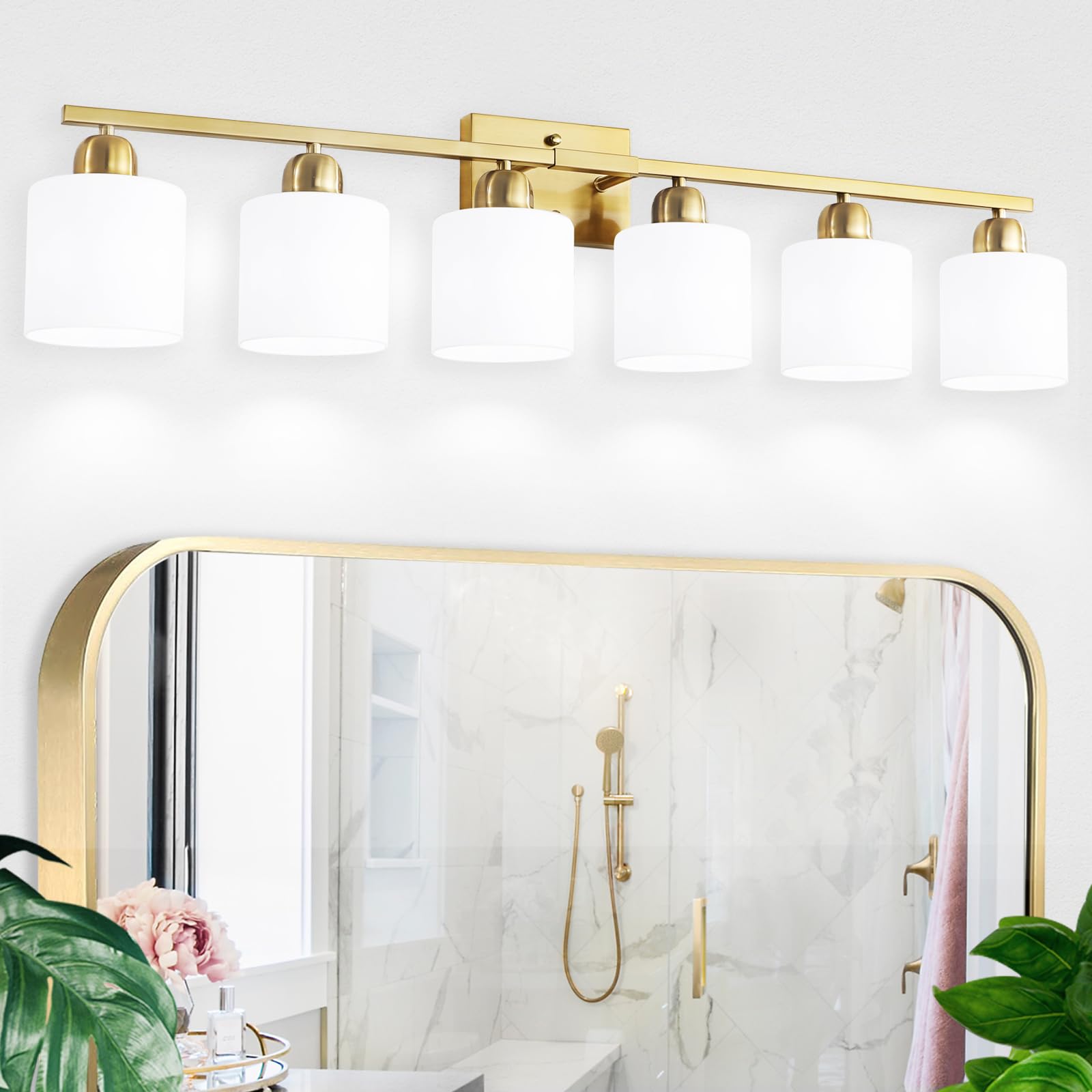 FAISHILAN 6 Light Gold Bathroom Vanity Light for Large Mirror  Gold Vanity Lights for Bathroom with Milky White Frosted Glass Shades  38 inch Wall Lamp for Mirrors Living Room E26 Base
