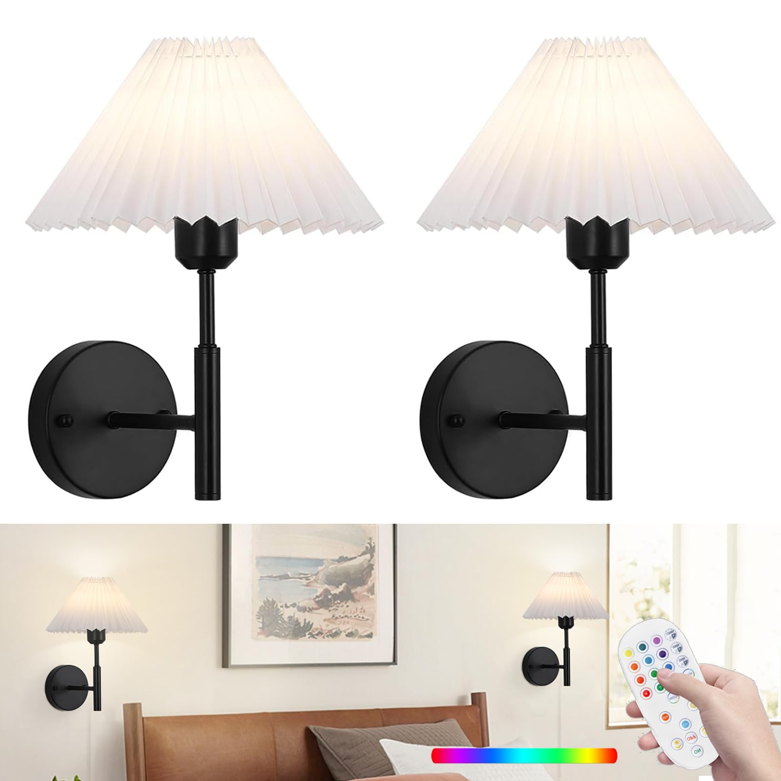 XIGUCUCN Battery Operated Wall Sconces Set of Two, Remote Control, Dimmable, 15 Color Changing, Black, Model XG-WL06BK