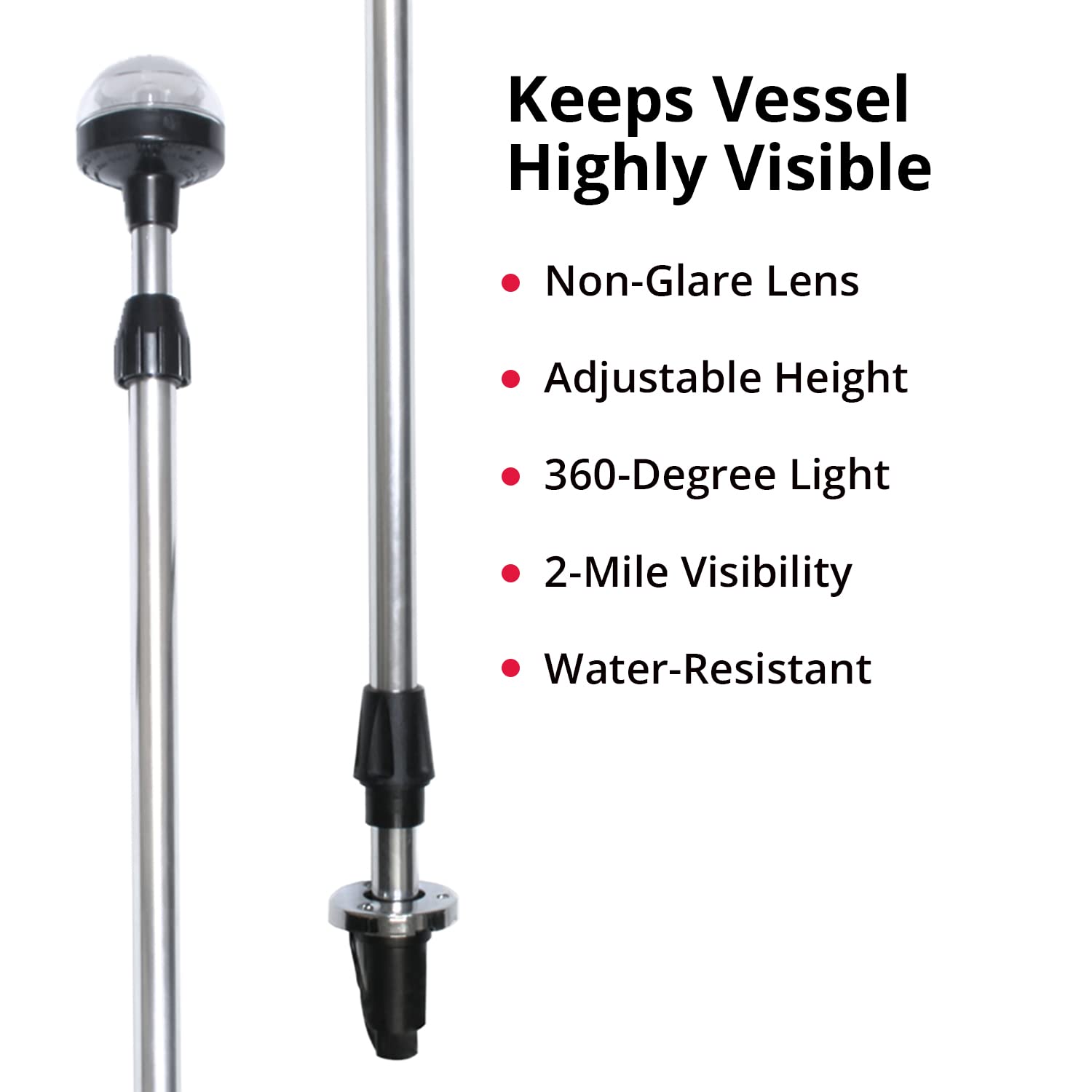 Seasense 26”-48” Telescoping All-Round Stern Light W/Base - 2 Nautical Mile Range - Adjustable, Stowable Chrome Light For Boats, Kayaks, Canoes & Pontoons Up To 39 Feet - Meets Uscg Requirements