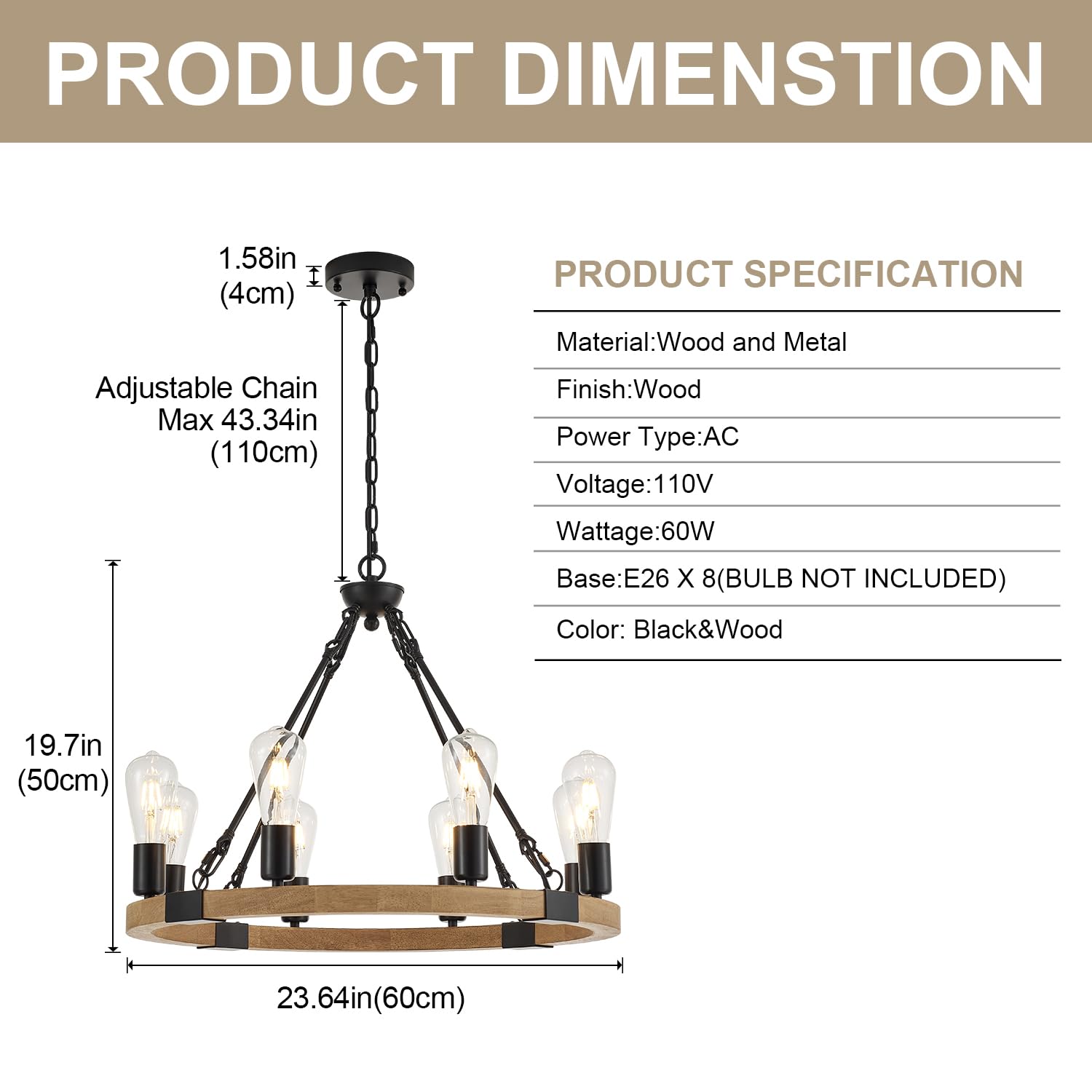 brfaixla 8-Light Wooden Wagon Wheel Chandelier, 23.6'' Natural Farmhouse Pendant Light, Black Metal, Model MD2213-8B