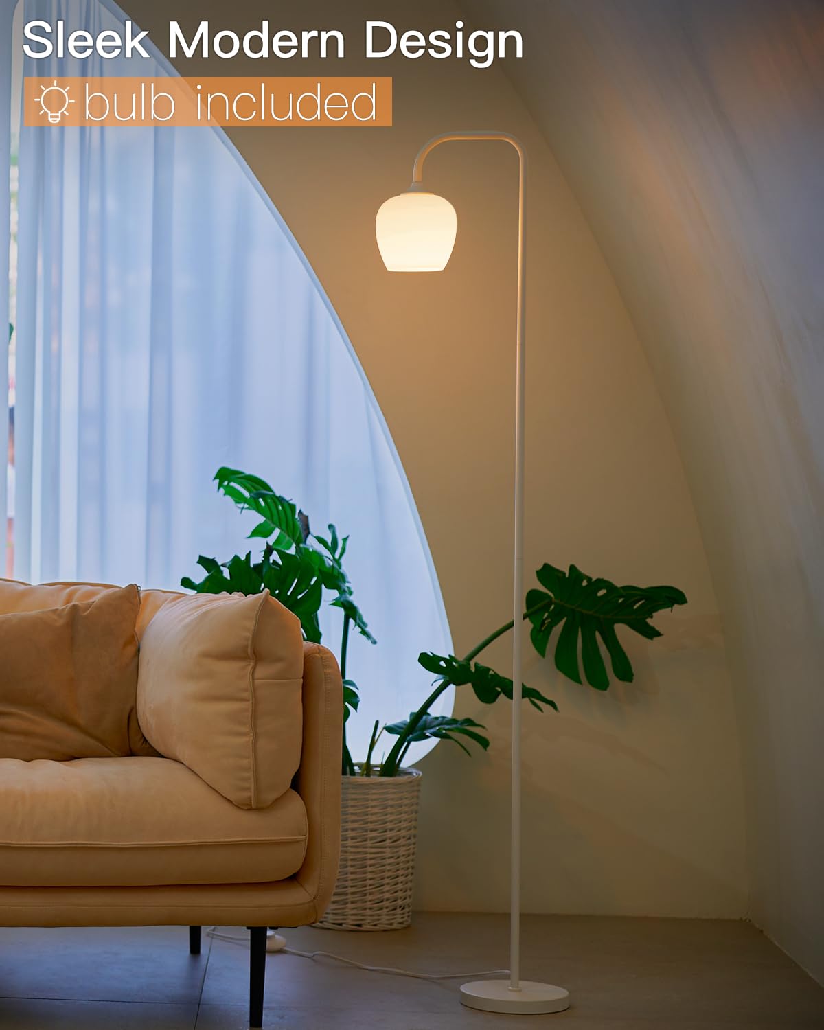 ONEWISH Modern White Floor Lamp with Opal Glass Shade, LED Bulb Included, Tall Design for Living Room & Bedroom, Model 13FLR003USC
