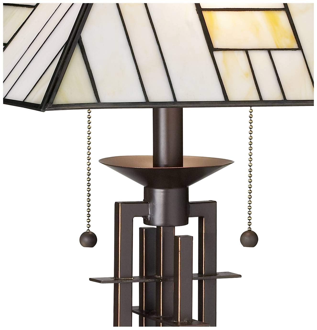 Franklin Iron Works Mission Tiffany Style Table Lamp Art Deco 26.25'' High Wrought Iron Dark Bronze Brown Gold White Stained Gla