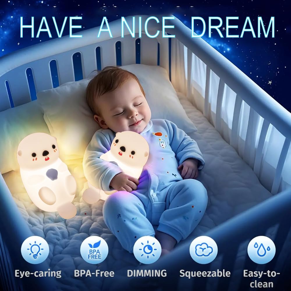 KangTen CHEN Cute Otter Night Light - Silicone USB Rechargeable Lamp for Kids, Touch Control, White, Model DS-AX-011