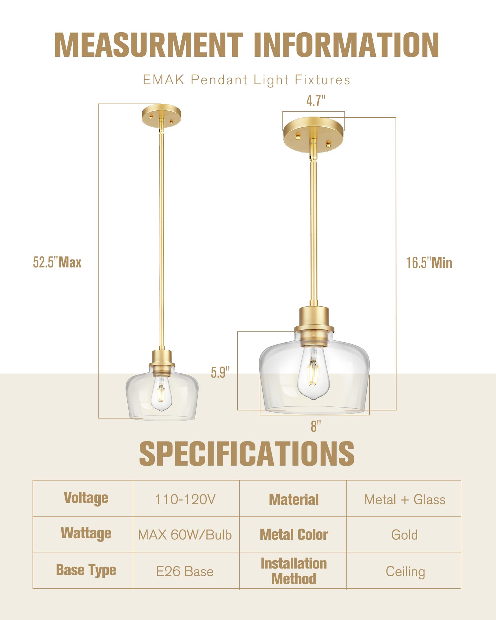 Emak 8 Inch Clear Glass Pendant Lights Kitchen Island, Modern Gold Pendant Light Fixtures For Kitchen, Bathroom, Bedroom, Dining