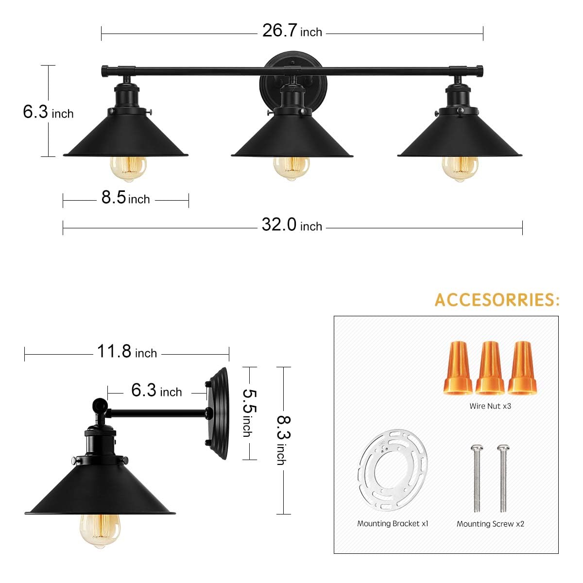 Alynzee Bathroom Vanity Light Fixtures, 3-Light Matte Black Metal Wall Sconce, Farmhouse Industrial Style