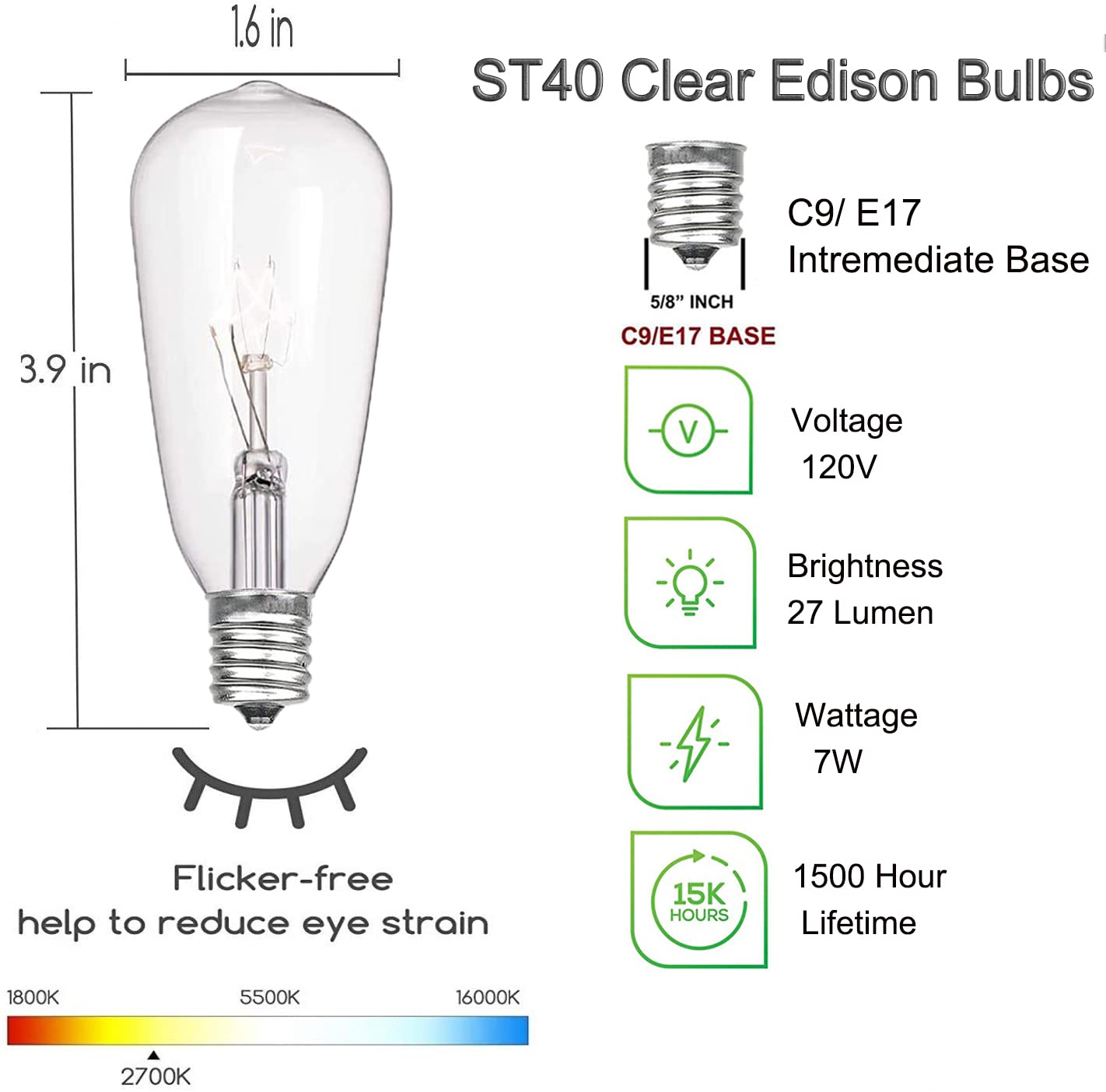 GOOTHY ST40 Edison Replacement Bulbs, 7W E17 Clear Glass, 10 Pack, Warm White for Outdoor String Lights