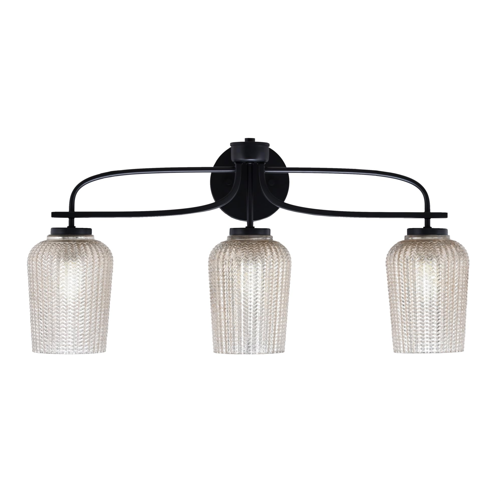 Cavella 3 Light Bath Bar Shown In Matte Black Finish With 5" Silver Textured Glass