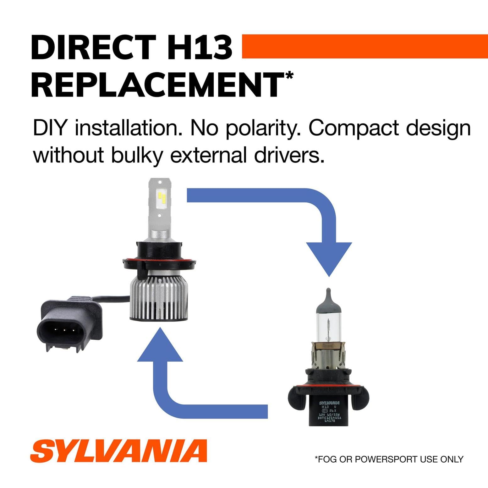 SYLVANIA H13 LED Fog Lights - 6000K Cool White, Long-Lasting, No Polarity - Upgrade for Cars and Trucks
