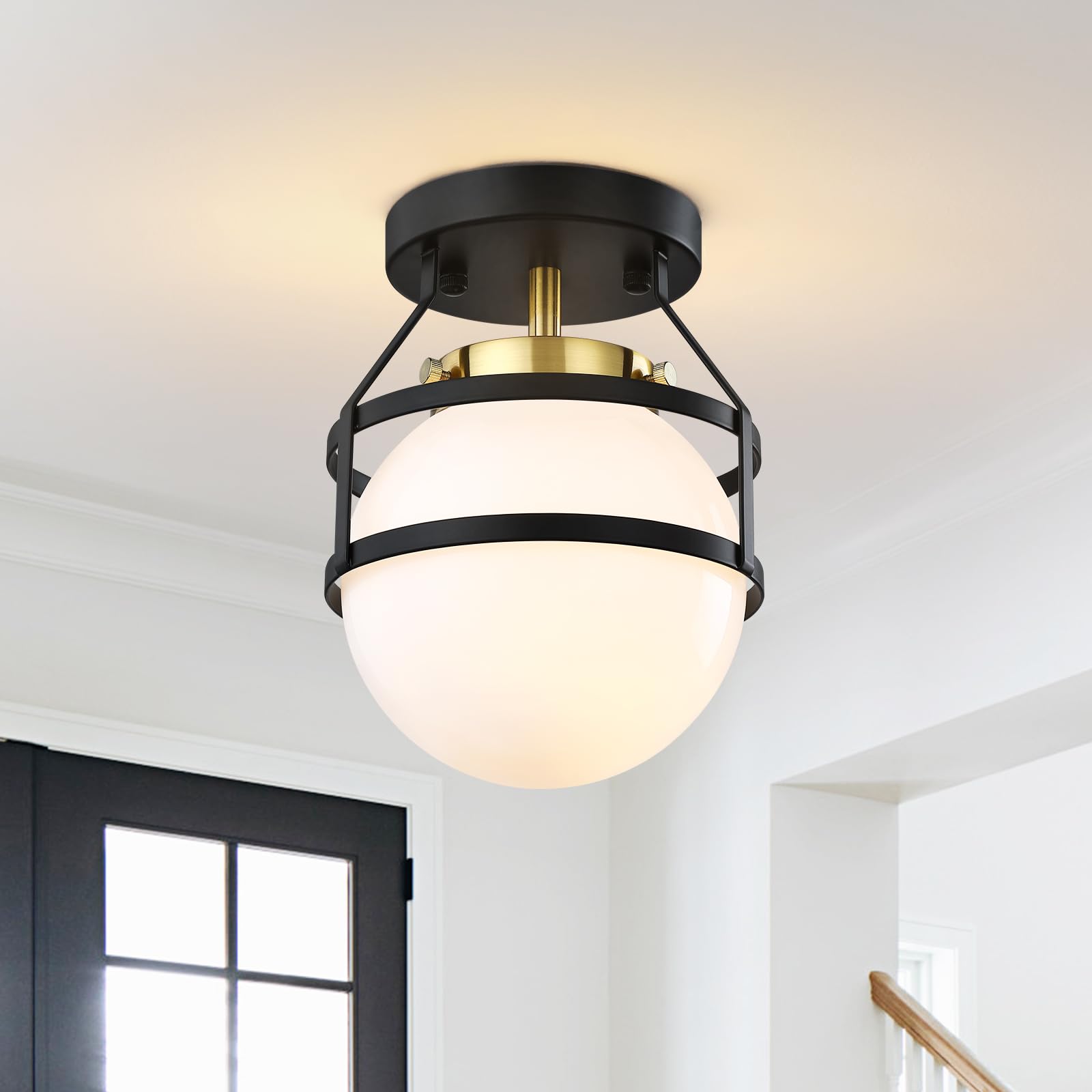 Pasentel Globe Light Fixture, Black And Gold Semi Flush Mount Ceiling Light, 6.54 Inch Mid Century Modern Lamp, Small Hallway Li