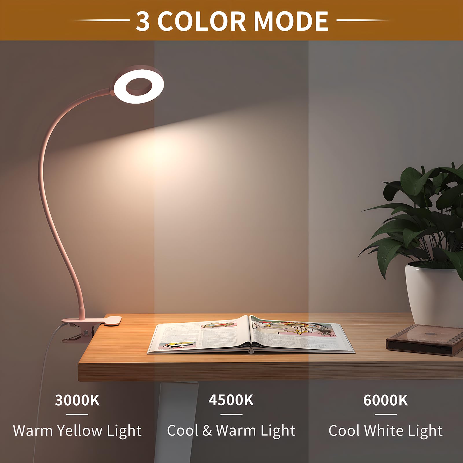 iZELL Desk Lamp LED Reading Light with Clamp, 3 Color Modes, 10 Brightness, 15.8in Pink, Flexible Gooseneck, Model TBL235-BK