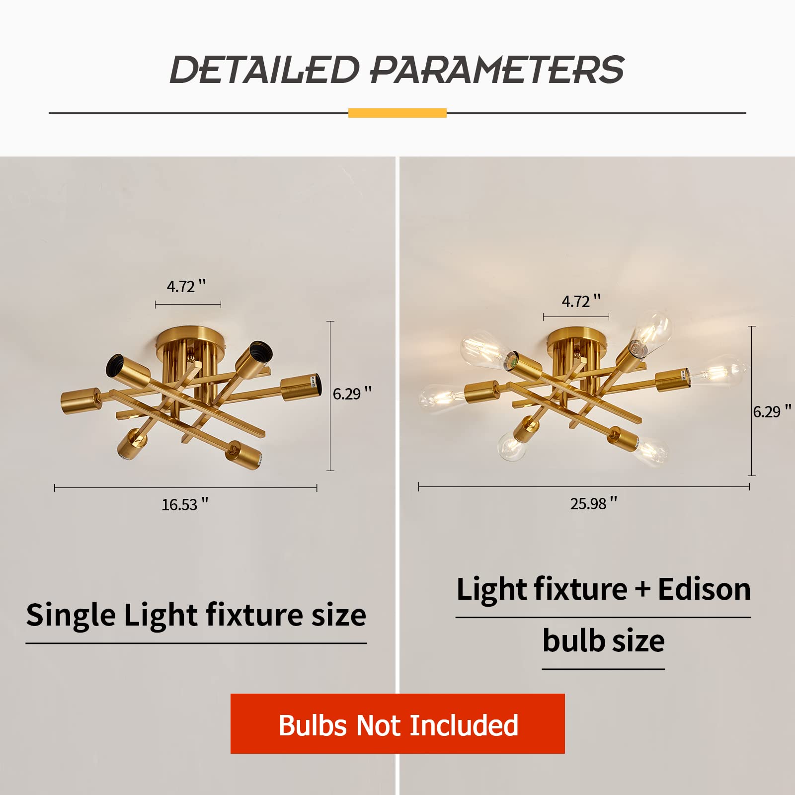 Asgyisa 6-Lights Semi Flush Mount Ceiling Light Fixture Gold Modern Matte Sputnik Chandelier Vintage Ceiling Lamp Farmhouse For