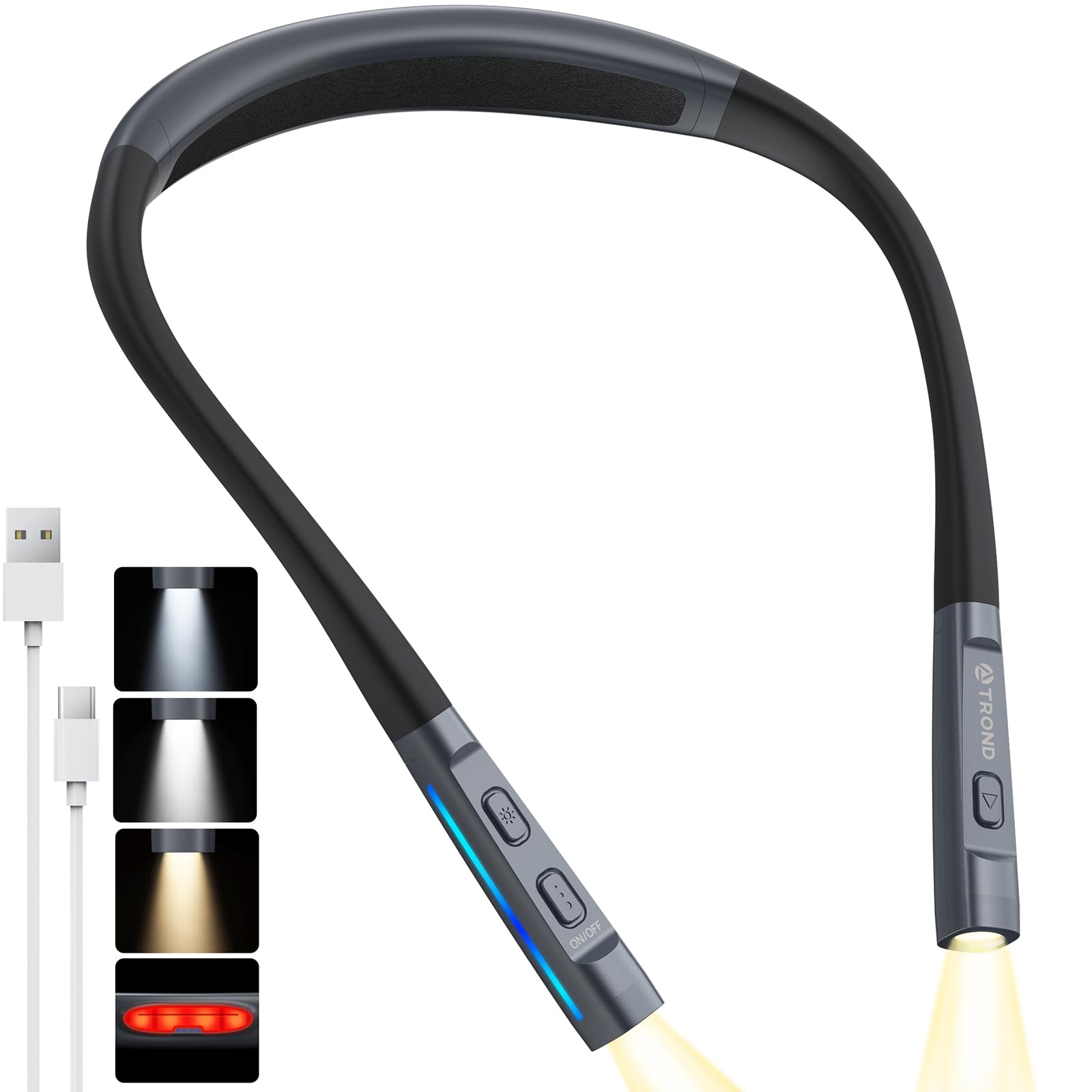 TROND LED Neck Reading Light, 3 Color & Brightness, Rechargeable, Flexible Arm, Medium, Classic Black, Model TD-RL01