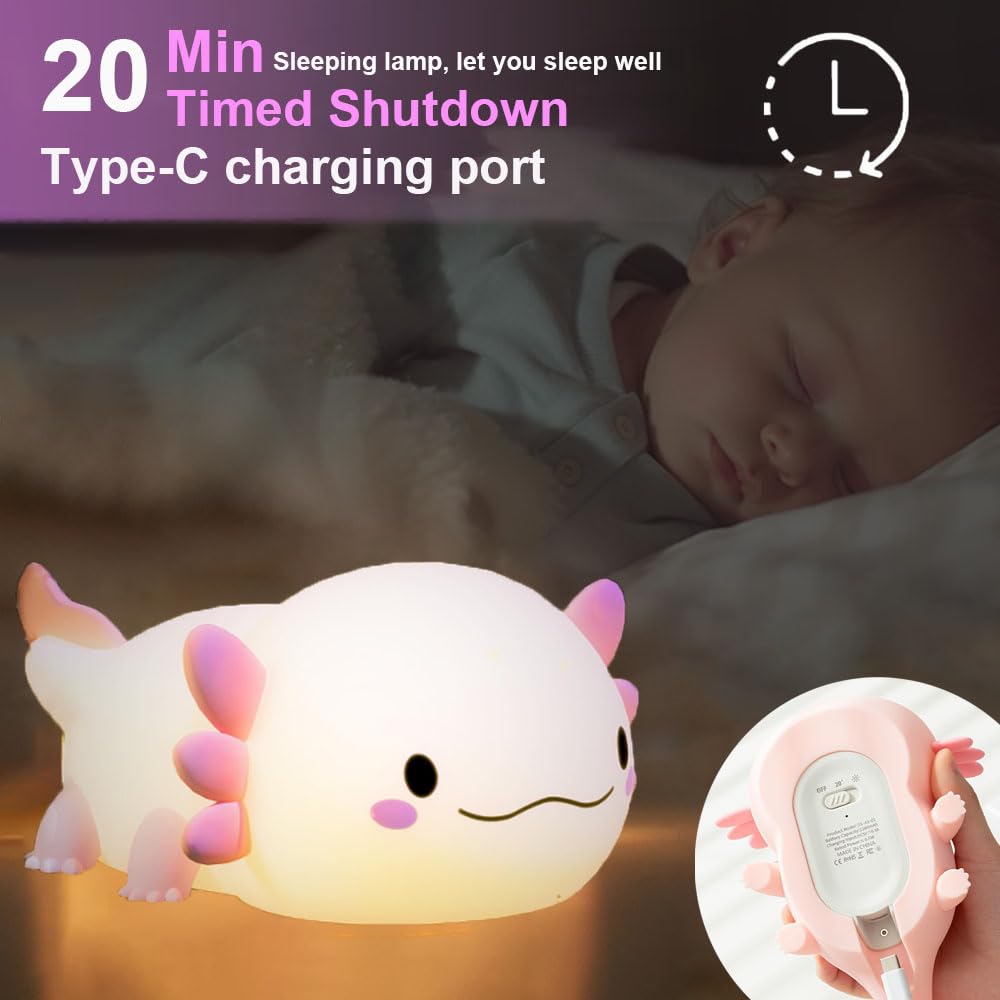 Pink Axolotl Night Light For Kids Bedroom, Animal Silicone Nursery Night Lamp Touch Dinosaurs Nightlights Usb Rechargeable Bedsi