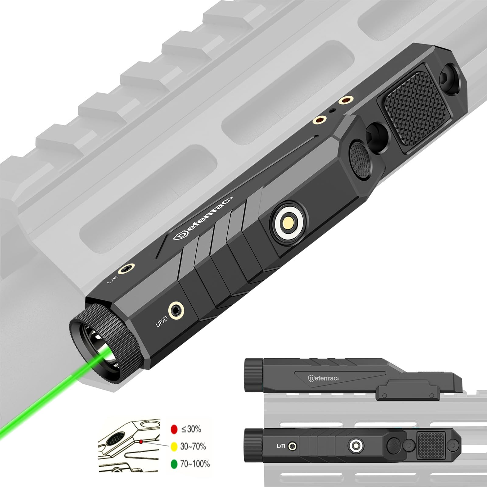 Defentac 1600 Lumens Green Laser Light Combo with Momentary Strobe for Sporting Equipment  Weapon Light with Built-in Pressure Switch Compatible with M-Lok/Picatinny  Rechargeable