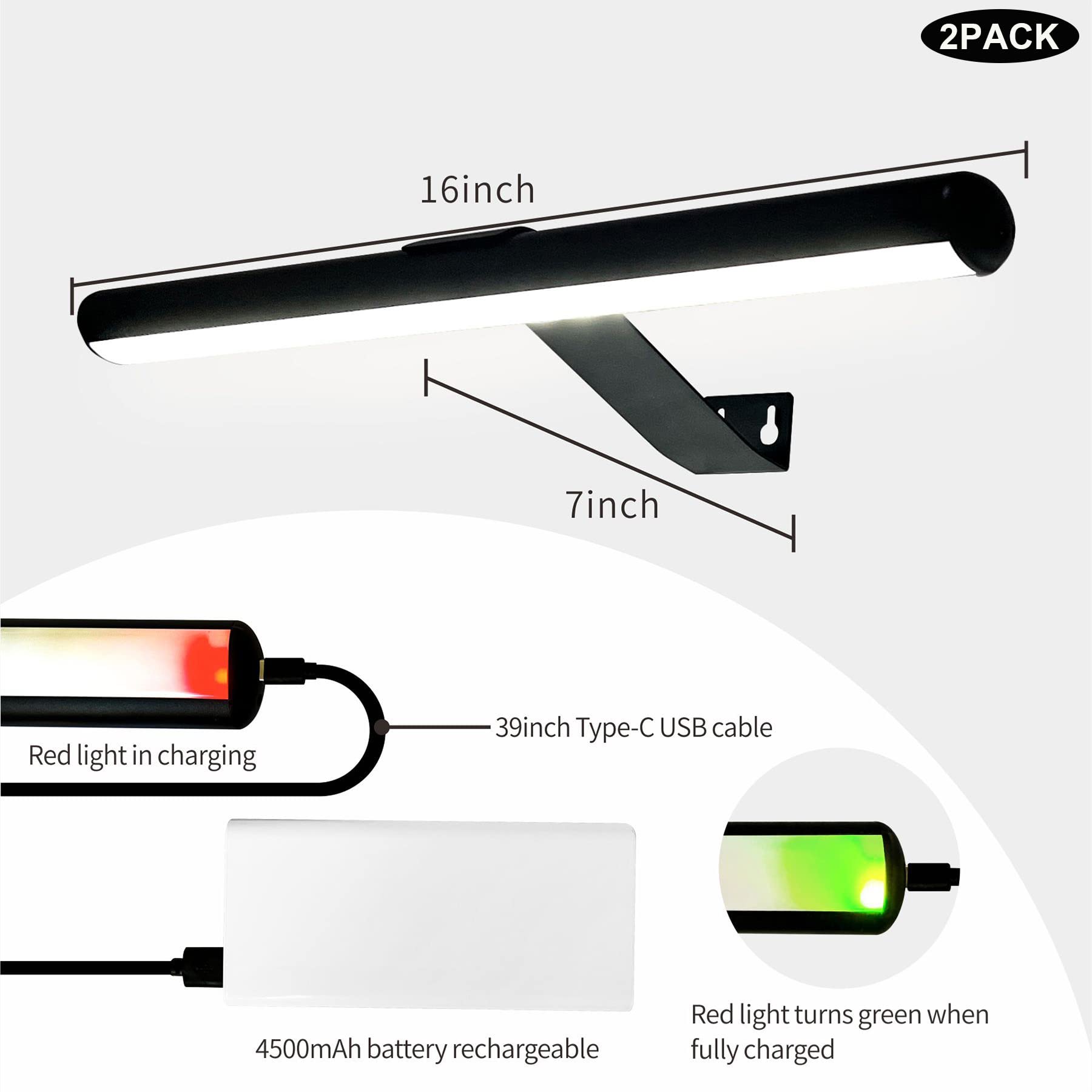 Yaqiihome 2Pack Black Led Picture Lights, 16&quot; Dimmable, Rechargeable, Remote Control, Magnetic