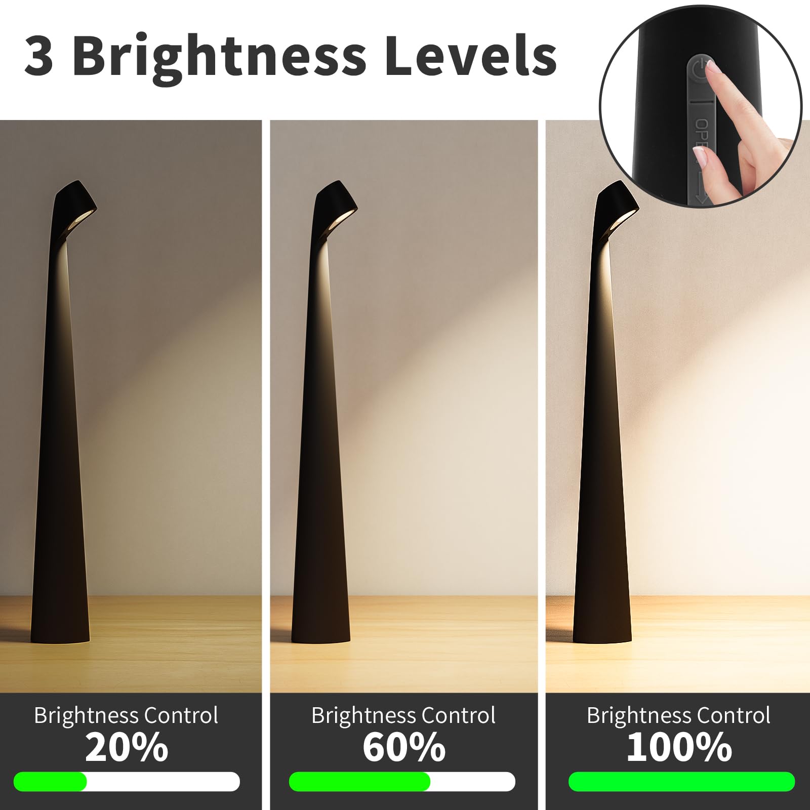 YYXGOOB Cordless Rechargeable Table Lamp, LED Touch Light, Aluminum, Model G, Black