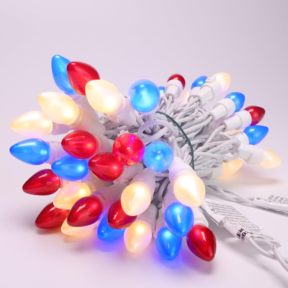 4Th Of July Decoration Patriotic Led C3 Glass Mini Lights 50 Count Red White Blue Plug In String Lights 120V Etl Cerfified Plug