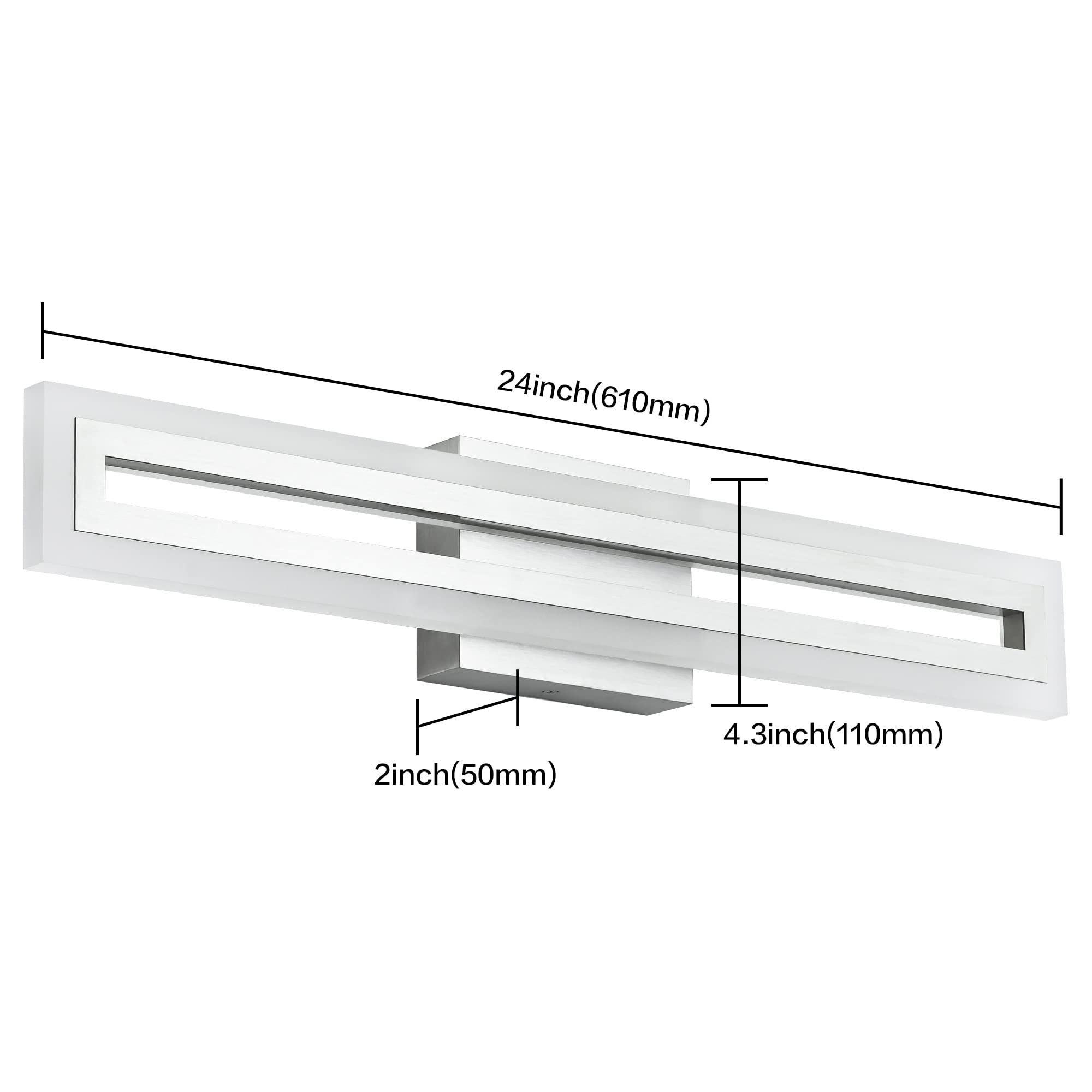 SOLFART 24 Inch LED Bathroom Light Fixture, Brushed Nickel, Aluminum, Non-Dimmable, Over Mirror Vanity Lights