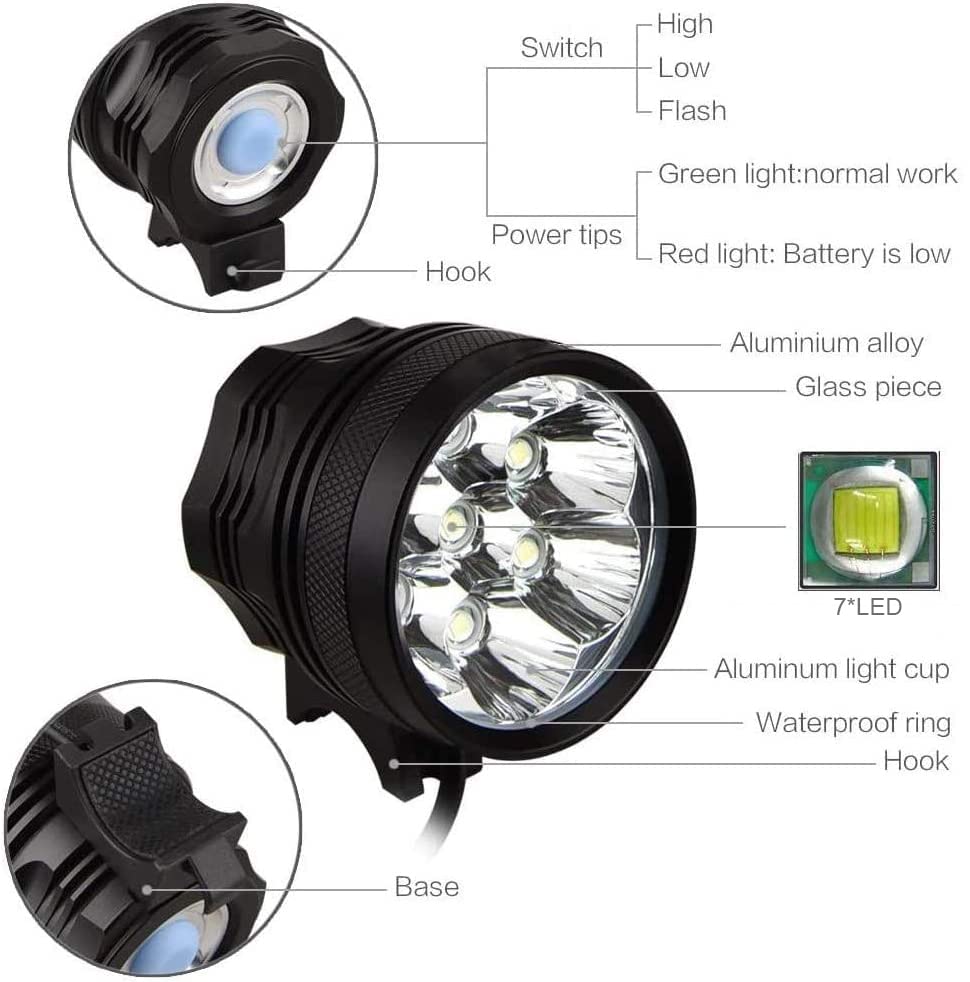 Wasaga Bike Lights, 10500 Lumens 7 Led Bicycle Light,Waterproof Mountain Bike Front Light With 9600 Mah Rechargeable Battery Pack, 3 Modes Bicycle Lights Front Headlamp For Cycling Safety