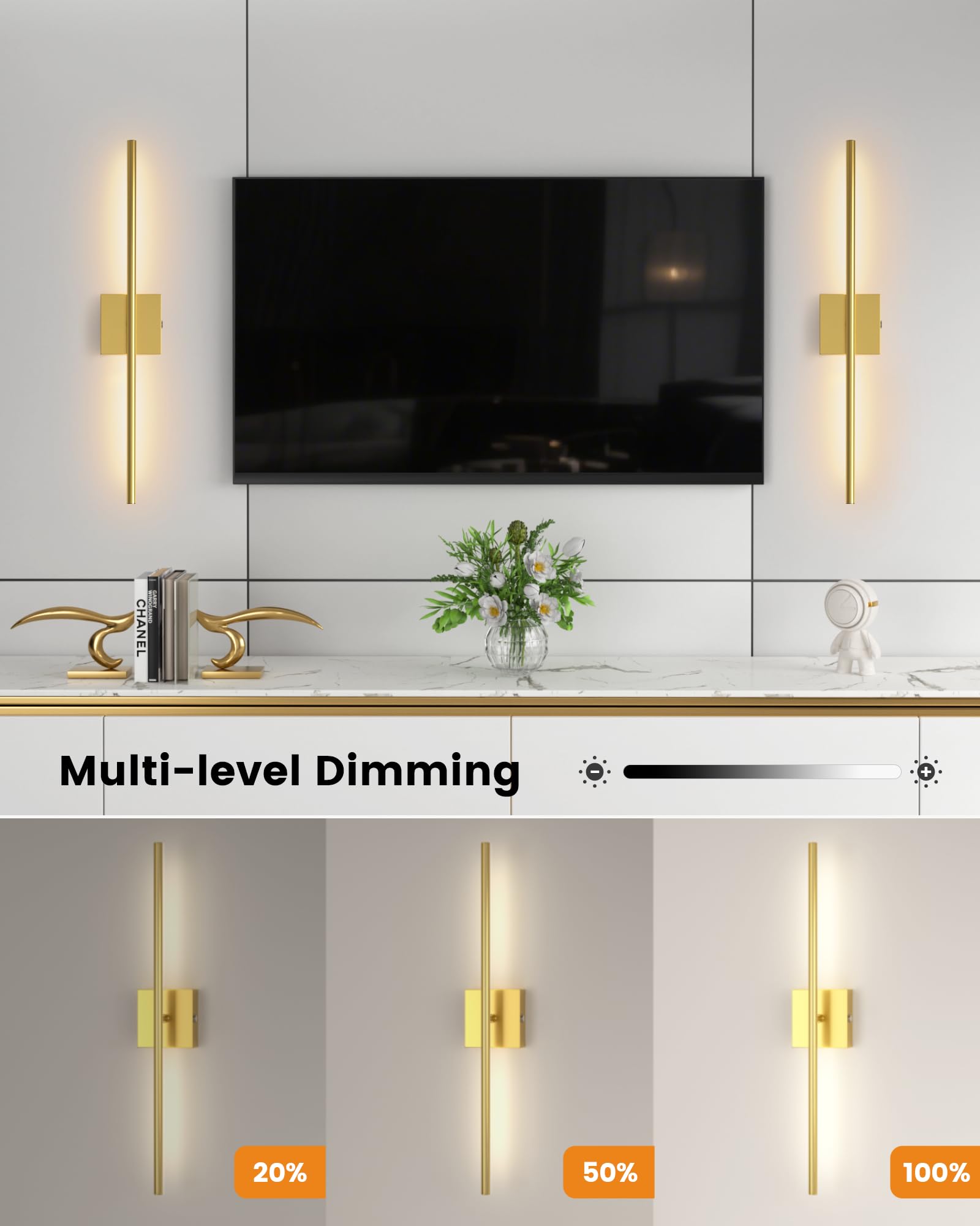VOLISUN Battery Operated Wall Sconce Set of Two, Gold Rechargeable Wall Lights with Remote Control, 3000K-6500K Dimmable Wall La