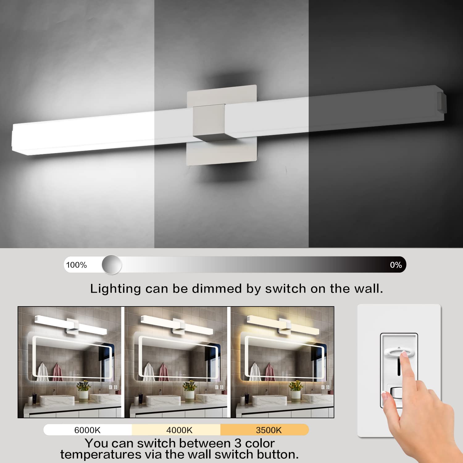 ZUZITO 32 Inch Brushed Nickel LED Bathroom Vanity Light - 3CCT Dimmable, Model S16001-810mm-3C