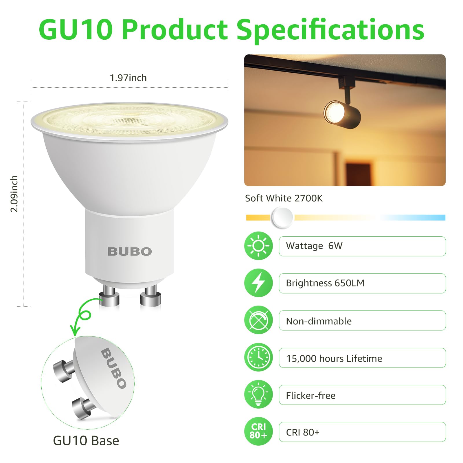 BUBO GU10 LED Bulb 6W Equivalent 50W, 2700K Soft White, Non-Dimmable, 10 Pack, MR16 Replacement