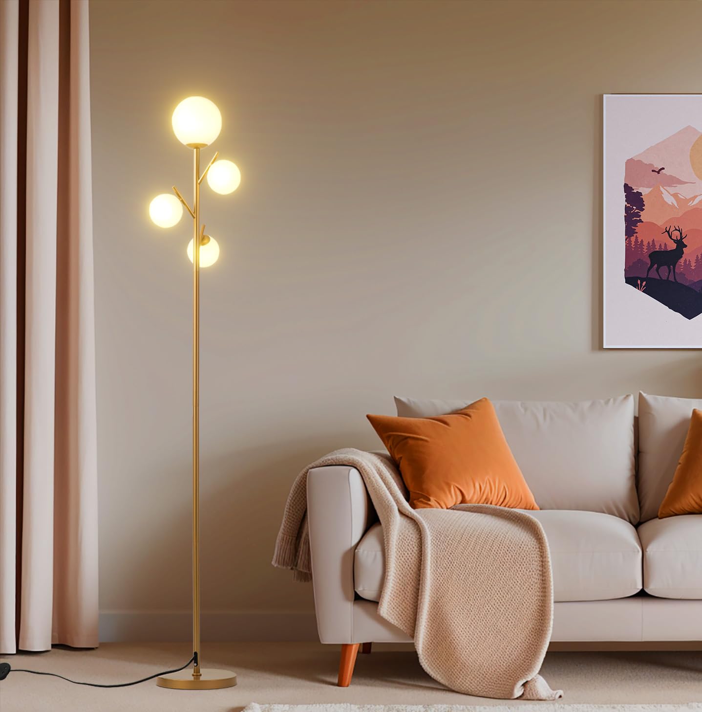 Fiqevs Modern 4 Globe Gold Floor Lamp With Frosted Glass, Mid Century Design, 3000K Led