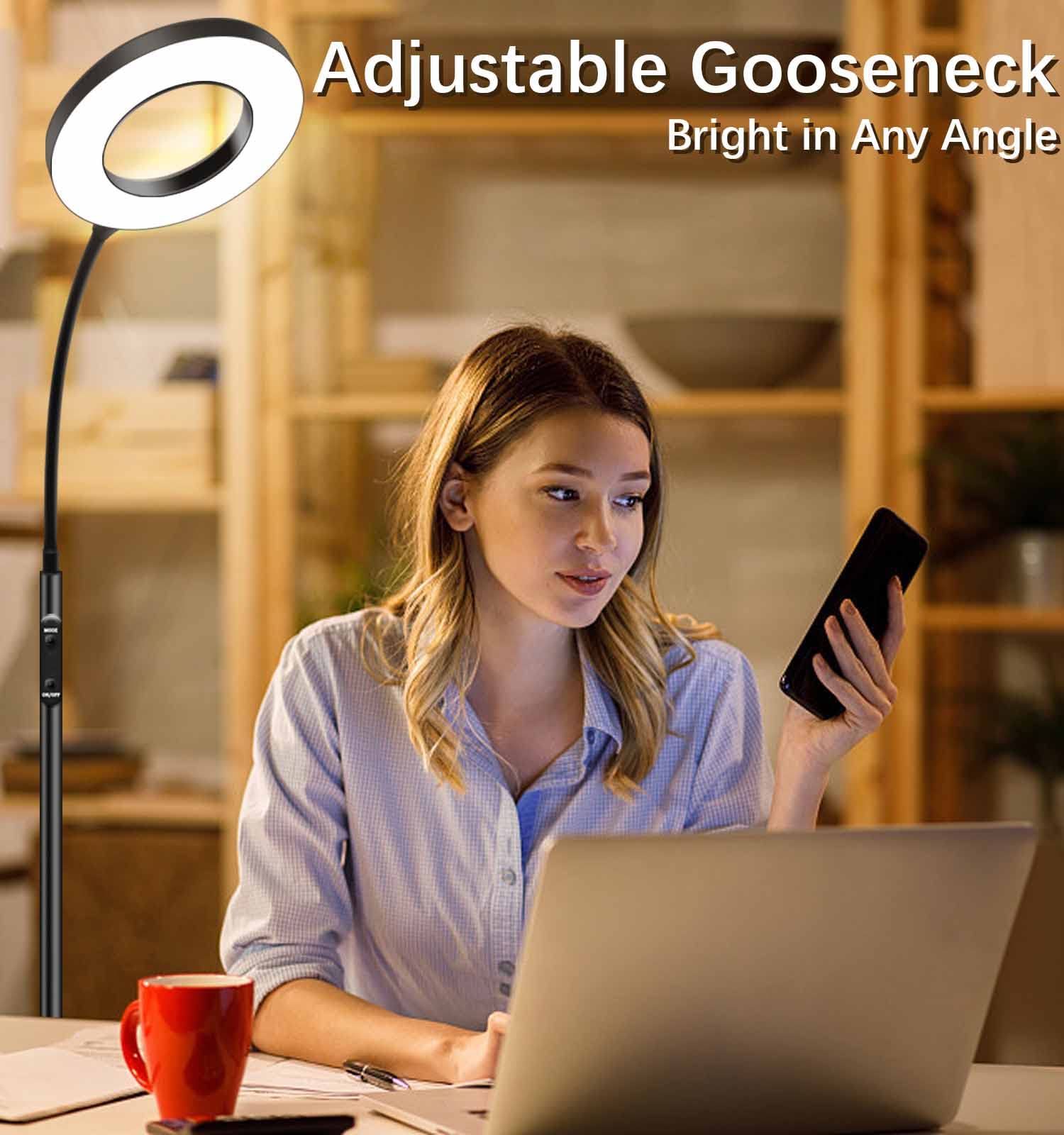 Vividstarry Led Reading Floor Lamp With Remote & Touch Control, Bright Adjustable Gooseneck Lamp For Living Room Bedroom Office,