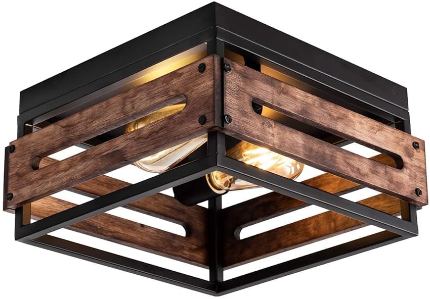 Mayna 2-Light Flush Mount Ceiling Light Fixture, Rustic Ceiling Light With Metal And Wood, Farmhouse Light Fixture For Hallway Entryway Porch Kitchen