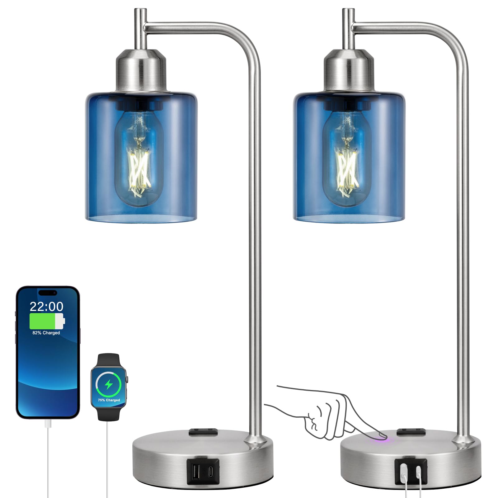 Innqoo Industrial Blue Table Lamps for Bedrooms Set of 2-3-Way Dimmable Desk Lamp with USB C+A Ports and Outlet  Nickel Lamps with Green Glass Shade for Living Room