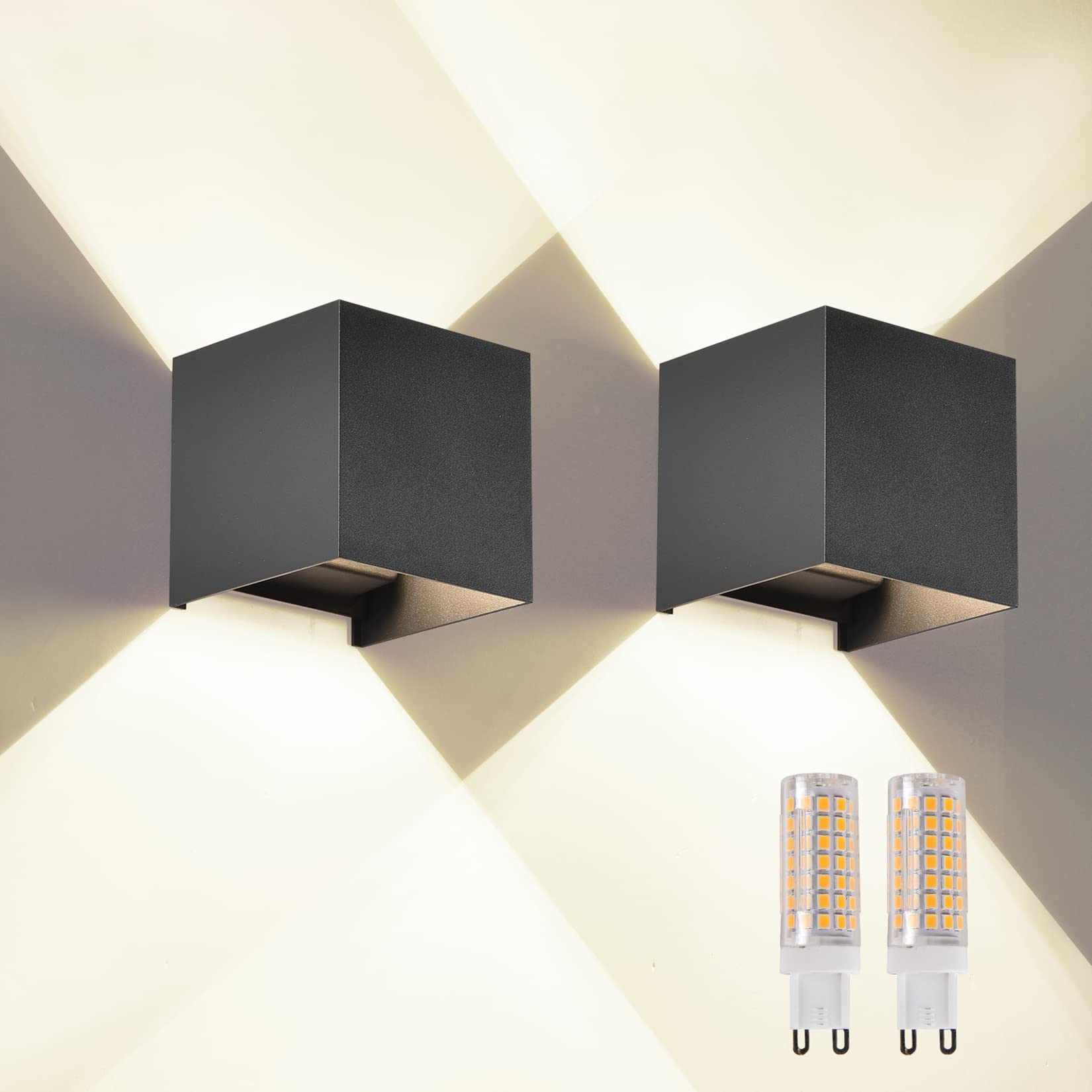 2 Pcs Outdoor Wall Lights Exterior/Interior G9 Wall Sconces Up and Down Lights IP65 Waterproof Outdoor Lighting Square Aluminum 